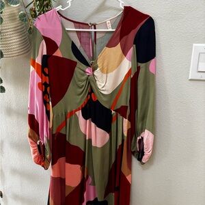 Red and Pink Plunge Bishop Sleeve Mini Sundress